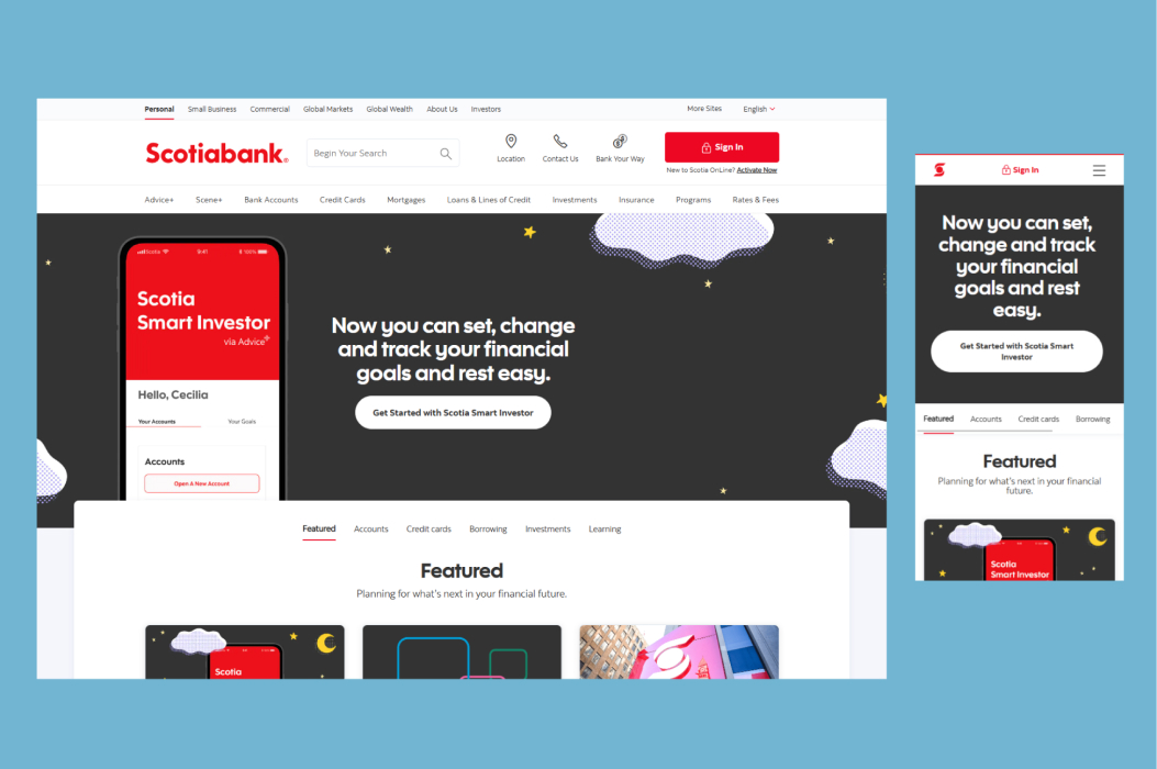 A screenshot of a desktop and mobile view of the new Scotiabank website.